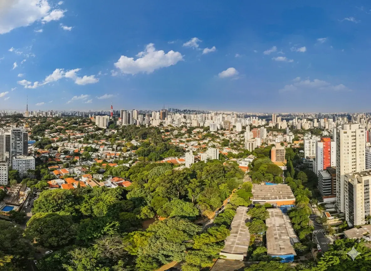 Panoramic aerial view of Sao Paulo skyline with dense trees and low-rise homes