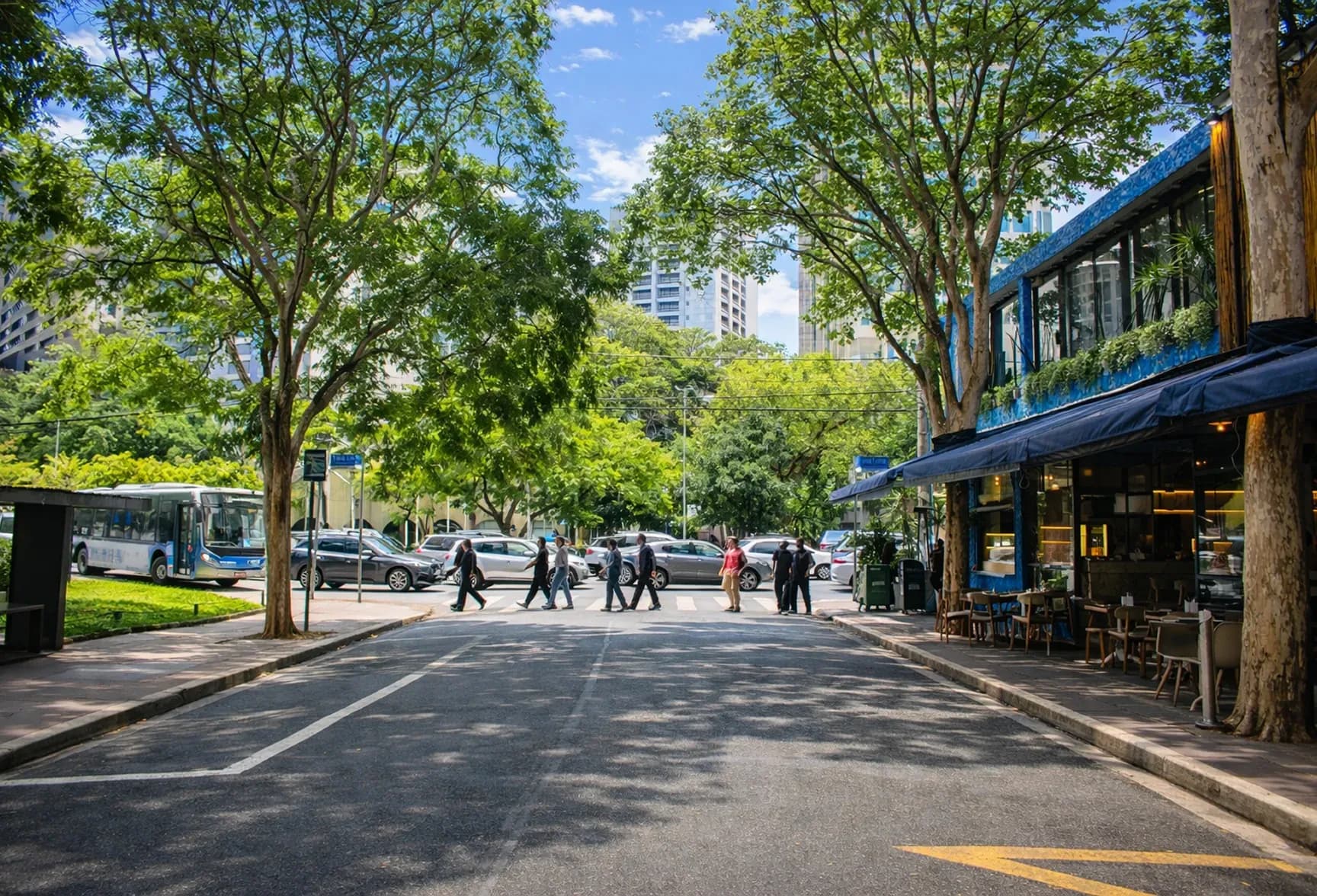 Tree-lined city street with a crosswalk and people crossing