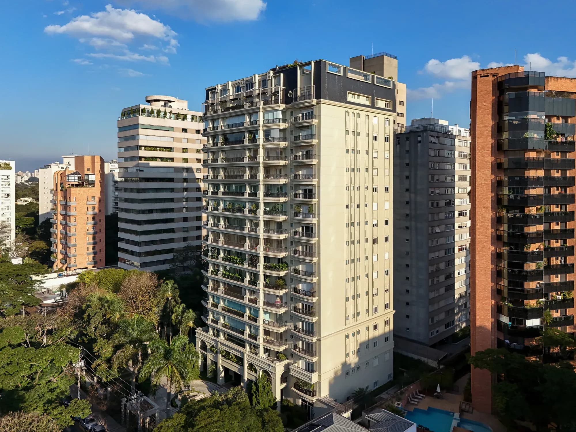 Close aerial view of upscale residential buildings in a high-rise São Paulo neighborhood