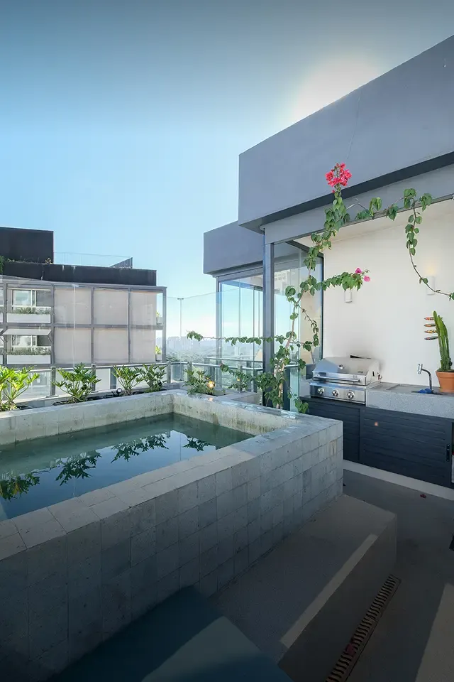 Rooftop patio with a small plunge pool and built-in grill
